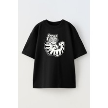 Nmg Tekstil Unisex Siyah Oversize Pamuk Kaslı Kaplan Baskılı Örme T-Shirt