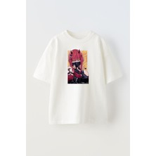 Nmg Tekstil Unisex Beyaz Oversize Pamuk Kırmızı Saçlı Anime Boynuzlu Şeytan Baskılı Örme T-Shirt
