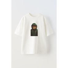 Nmg Tekstil Unisex Beyaz Oversize Pamuk Yeşil Kapşonlu Maymun Baskılı Örme T-Shirt