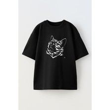 Nmg Tekstil Unisex Siyah Oversize Pamuk Kedi Silüet Çizim Baskılı Örme T-Shirt