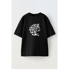 Nmg Tekstil Unisex Siyah Oversize Pamuk Leopar Arkaya Dönük Baskılı Örme T-Shirt