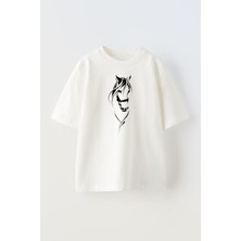 Nmg Tekstil Unisex Beyaz Oversize Pamuk At Kara Kalem Baskılı Örme T-Shirt