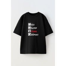 Nmg Tekstil Unisex Siyah Oversize Pamuk Eat Sleep Baskılı Örme T-Shirt