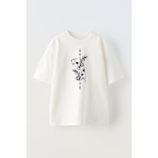 Nmg Tekstil Unisex Beyaz Oversize Pamuk Yarım Yüz Köpek Baskılı Örme T-Shirt