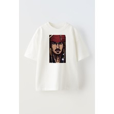 Nmg Tekstil Unisex Beyaz Oversize Pamuk Jack Sıparrov Çizim Baskılı Örme T-Shirt