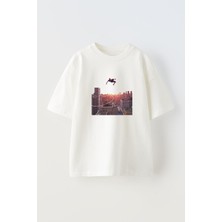 Nmg Tekstil Unisex Beyaz Oversize Pamuk Spiderman Düşüyor Baskılı Örme T-Shirt