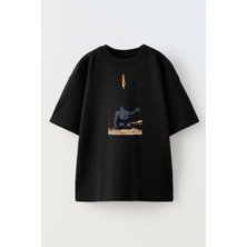 Nmg Tekstil Unisex Siyah Oversize Pamuk Füze Düşen Goril Baskılı Örme T-Shirt