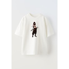 Nmg Tekstil Unisex Beyaz Oversize Pamuk Samuray Kız Kılıçlı Baskılı Örme T-Shirt
