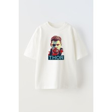 Nmg Tekstil Unisex Beyaz Oversize Pamuk Thor Silik Baskılı Örme T-Shirt