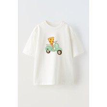 Nmg Tekstil Unisex Beyaz Oversize Pamuk Pizza Scooter Baskılı Örme T-Shirt
