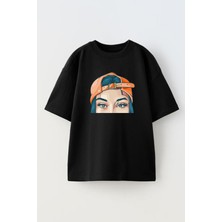 Nmg Tekstil Unisex Siyah Oversize Pamuk Turuncu Kapli Kız Baskılı Örme T-Shirt