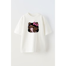 Nmg Tekstil Unisex Beyaz Oversize Pamuk Hello Kids Pembe Baskılı Örme T-Shirt