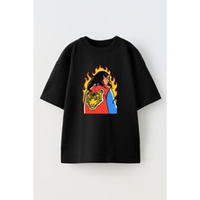 Nmg Tekstil Unisex Siyah Oversize Pamuk Alevli Kaplan Montlu Kız Baskılı Örme T-Shirt