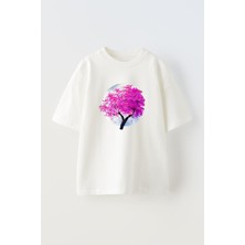 Nmg Tekstil Unisex Beyaz Oversize Pamuk Pembe Yapraklı Dolunay Baskılı Örme T-Shirt