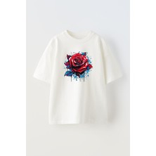 Nmg Tekstil Unisex Beyaz Oversize Pamuk Boyalı Kırmızı Tek Gül Baskılı Örme T-Shirt