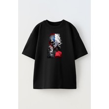 Nmg Tekstil Unisex Siyah Oversize Pamuk Kurukafa Anime Yarım Baskılı Örme T-Shirt