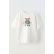 Nmg Tekstil Unisex Beyaz Oversize Pamuk Dağ Seyreden Kedi Baskılı Örme T-Shirt