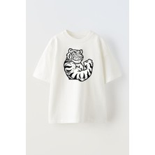 Nmg Tekstil Unisex Beyaz Oversize Pamuk Kaslı Kaplan Baskılı Örme T-Shirt