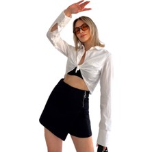 Zy Plus Siyah Krep Şort Etek Fermuar Detaylı