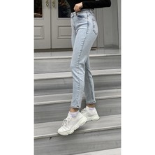 Anna Boyfriend Mavi Kar Yıkama Solmaz Jean Kadın Boyfriend Yüksek Bel Likralı Kot Pantolon