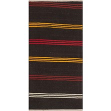Grand Hedef Halı Anadolu El Dokuma Siyah Renk Turuncu Beyaz Çizgili Vintage Kilim