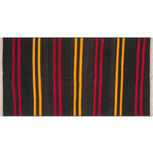 Grand Hedef Halı Gerçek El Dokuma Sarı Kırmızı Rengi Çizgili Desen Vintage Kilim