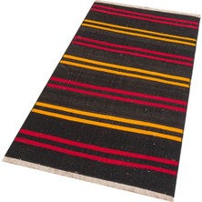 Grand Hedef Halı Gerçek El Dokuma Sarı Kırmızı Rengi Çizgili Desen Vintage Kilim