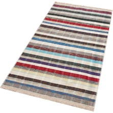 Grand Hedef Halı Beyaz Renkli Çizgili Desen El Dokuma Vintage Kilim