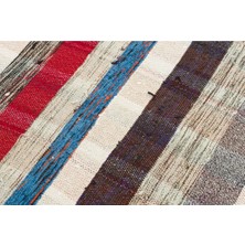 Grand Hedef Halı Beyaz Renkli Çizgili Desen El Dokuma Vintage Kilim