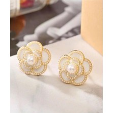 Petek Aksesuar Tek Incili Katmerli Çiçek  Küpe