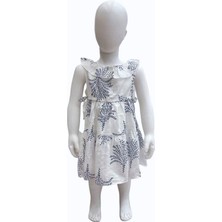 Çikoby Kız Bebek Çocuk Mavi Desenli Bel Lastikli Fırfırlı Elbise