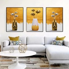 Kolaj Tasarım Altın Çiçeklerin Dansı: Üçlü Metal Çerçeveli Tablo Seti /s