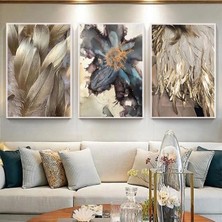 Kolaj Tasarım Altın Işıltılı Tüyler Üçlü Metal Çerçeveli Tablo Takımı /s