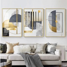 Kolaj Tasarım Geometrik Zarafet: Altın ve Siyahın Dansı Üçlü Metal Çerçeveli Tablo Takımı