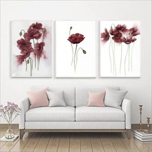 Kolaj Tasarım Bordo Çiçekler Desenli Metal Çerçeveli Tablo Seti Beyaz /s