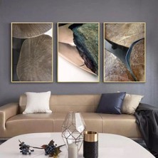 Kolaj Tasarım Dokusal Zenginlik: Ahşap, Taş ve Metalin Soyut Dansı Üçlü Metal Çerçeveli Tablo Seti