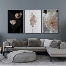 Gece Florası: Zarif Çiçekler Üçlü Metal Çerçeveli Tablo Seti /s