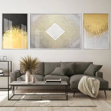 Kolaj Tasarım Altın Yağmur; Lüks Üçlü Metal Çerçeveli Tablo Seti /s