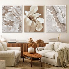 Kolaj Tasarım Kahve Tonları Çiçek Desenli Metal Çerçeveli Tablo Seti Beyaz