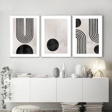 Kolaj Tasarım Geometrik Elegans: Soyut Siyah Beyaz Metal Çerçeveli Üçlü Tablo Seti /s