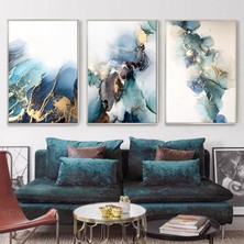 Kolaj Tasarım Mavi Yeşil Mermer Desenli Metal Çerçeveli Tablo Seti Gümüş /s