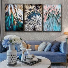 Kolaj Tasarım Rengarenk Tüyler Desenli Metal Çerçeveli Tablo Seti Siyah /s