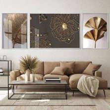 Metalik Yaprakların Dansı; Şık Metal Çerçeveli Üçlü Tablo Seti /s