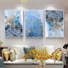 Kolaj Tasarım Mavi Mermer ve Gold Desenli Metal Çerçeveli Tablo Seti Beyaz /s