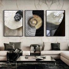 Modern Dokunuşlar: Mermer ve Metalin Soyut Dansı Üçlü Metal Çerçeveli Tablo Seti