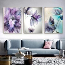 Kolaj Tasarım Mor Çiçek Desenli Metal Çerçeveli Tablo Seti Gümüş /s