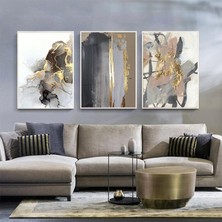 Kolaj Tasarım Siyah ve Gold Desenli Metal Çerçeveli Tablo Seti Beyaz /s