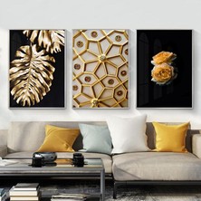 Kolaj Tasarım Siyah ve Gold Desenli Metal Çerçeveli Tablo Seti Gümüş /s