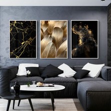 Kolaj Tasarım Siyah ve Gold Desenli Metal Çerçeveli Tablo Seti Beyaz /s