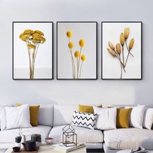 Kolaj Tasarım Sarı Çiçek Desenli Metal Çerçeveli Tablo Seti Siyah